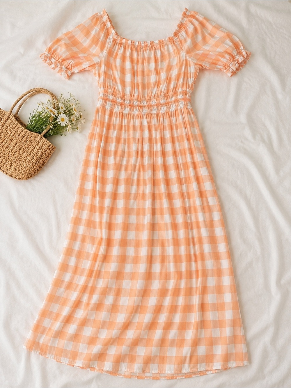 Lush Peach Orange Gingham Off Shoulder Maxi Dress Puff Sleeve Pockets Medium
